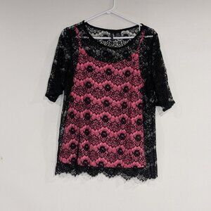 New Directions Lace Top Layered with Tank Black Pink Size Large